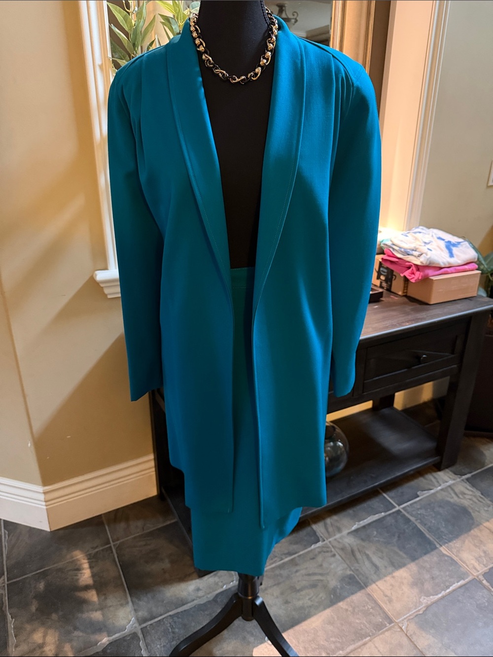 Gorgeous Vintage 100% Wool Turquoise Longline Open-Front Blzr/Skirt Set Sz 9/10